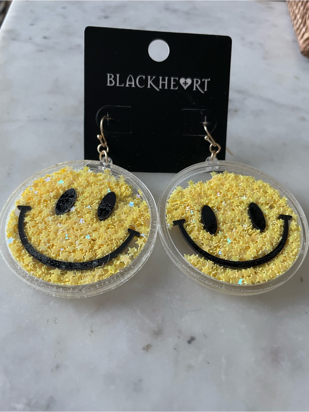 NWT - Smily Face Dangle Earrings - Sparkly Yellow Glittery